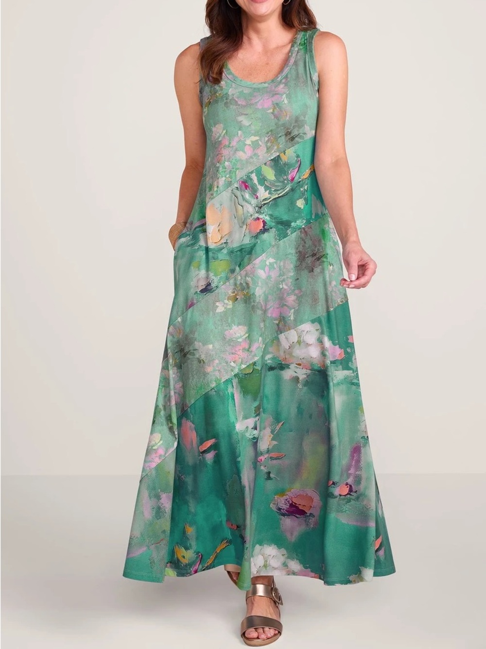 Soft Surroundings Santiago Lakeview Watercolor Floral Stretch Maxi Dress L